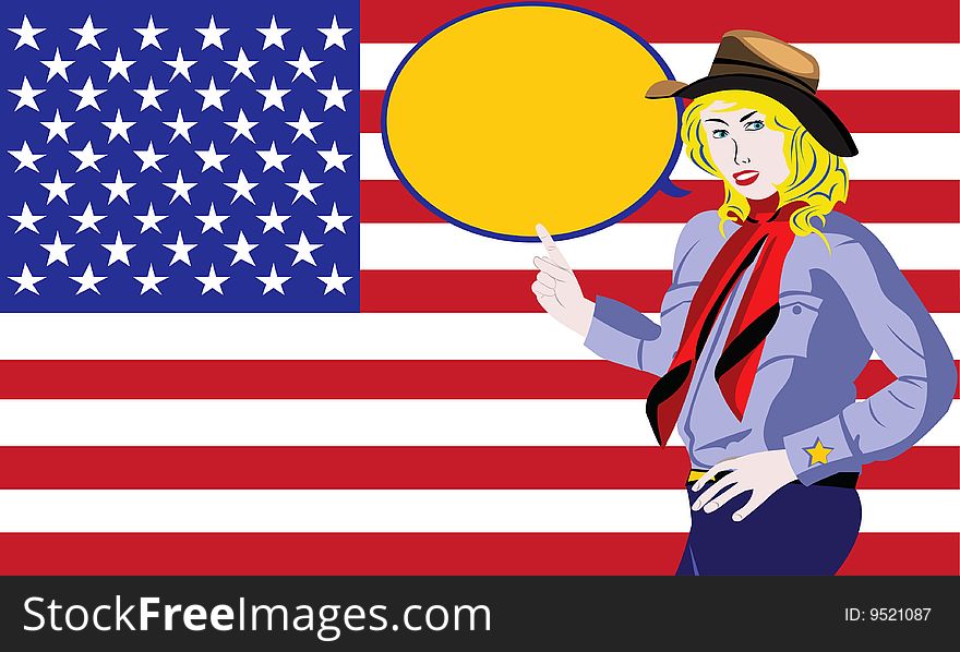 Vector illustration of a young cowgirl in front of U.S. flag, pointing at a cartoon balloon next to her