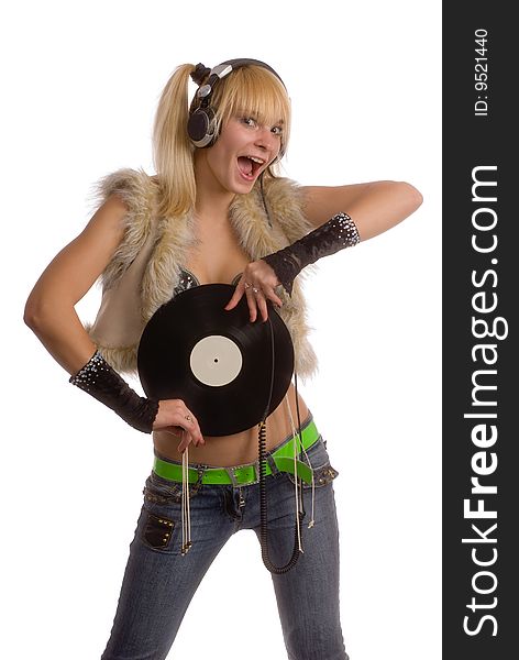 Happy Girl With Vinyl Record Over White