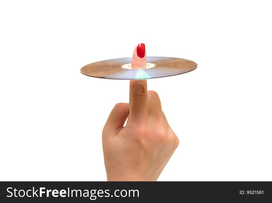 Female hand holds a disk on a white background