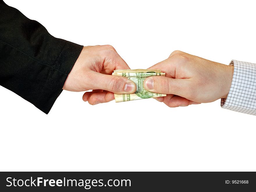 American dollars in the hands isolated on white. American dollars in the hands isolated on white
