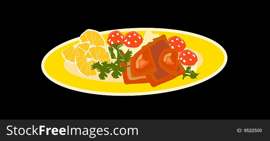 Illustration of an assortment of food items arranged in a plate. Illustration of an assortment of food items arranged in a plate