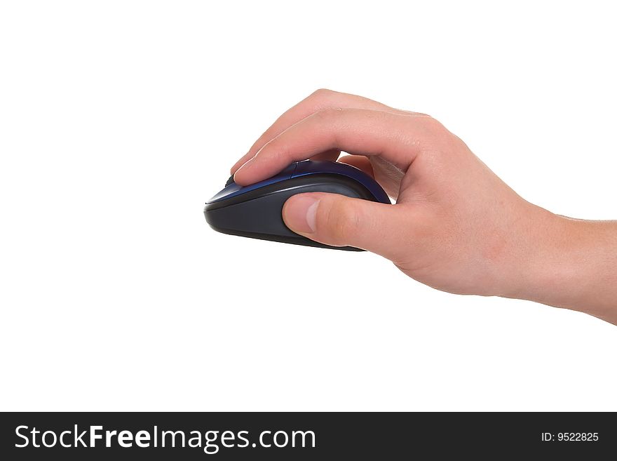 Hand using computer mice over the white background