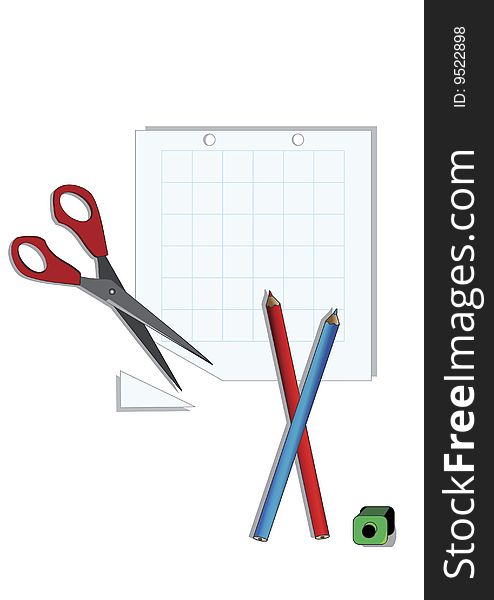 Scissors, pencils and the page on a white background. On the sheet, you can write a text. Scissors, pencils and the page on a white background. On the sheet, you can write a text
