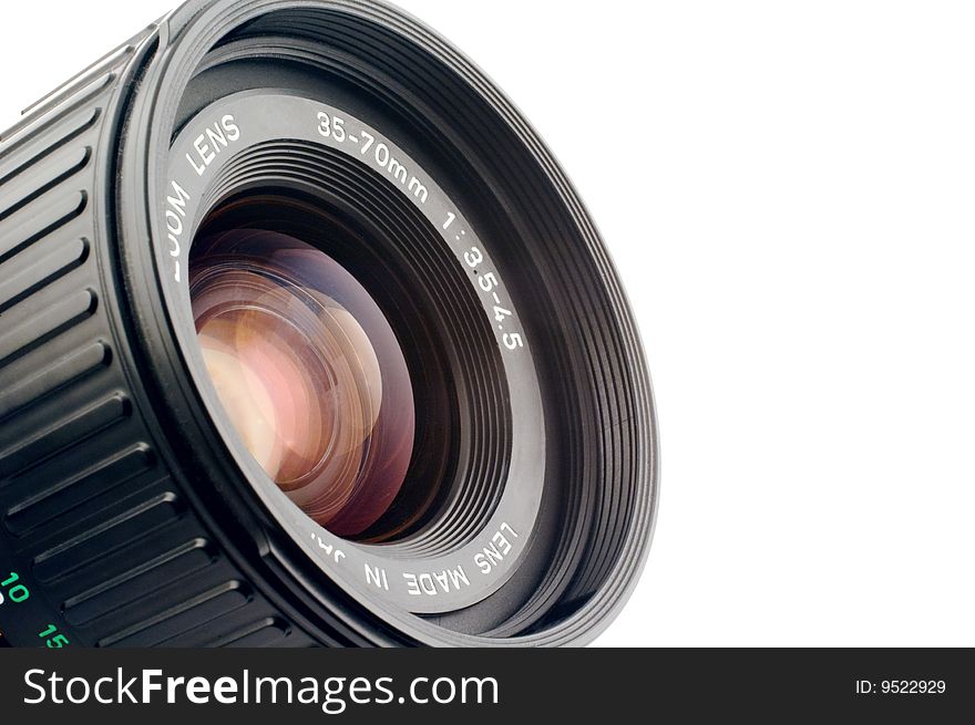 Macro shot of camera lens isolated on white. Copy space.