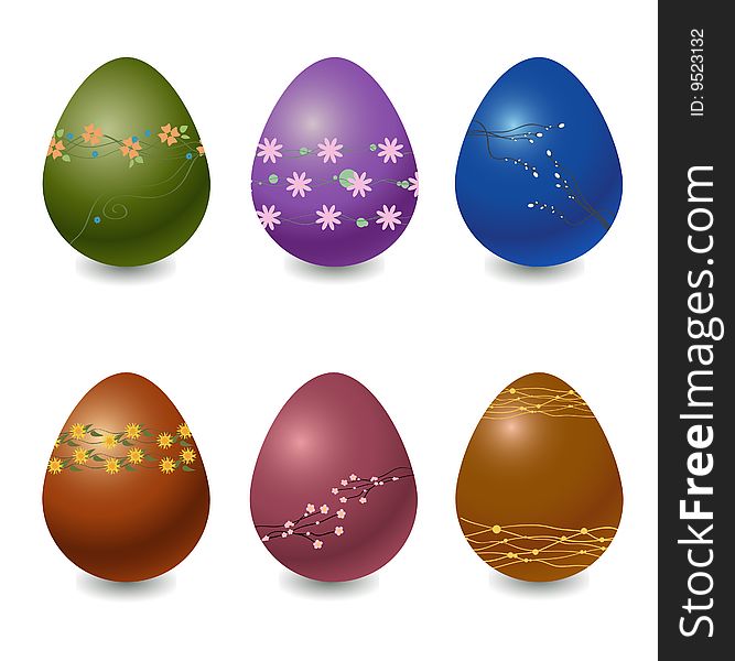 Vector illustration of the different easter eggs decorated with beautiful floral elements.