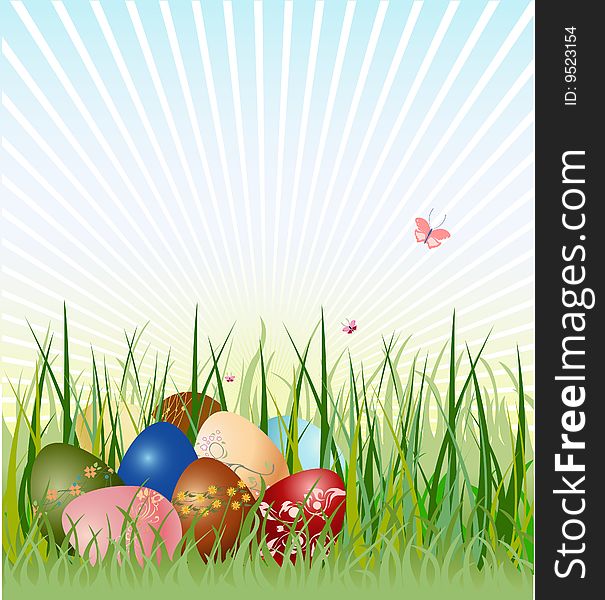 Vector illustration of Easter eggs on the beautiful green grass background. The edds are decorated with floral elements. Vector illustration of Easter eggs on the beautiful green grass background. The edds are decorated with floral elements.