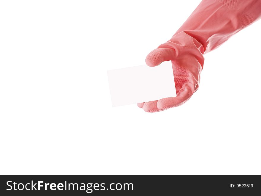 Hand and a card  on white