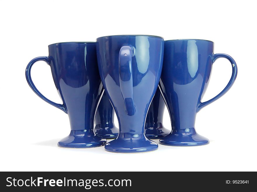 Five blue long cups with handles out