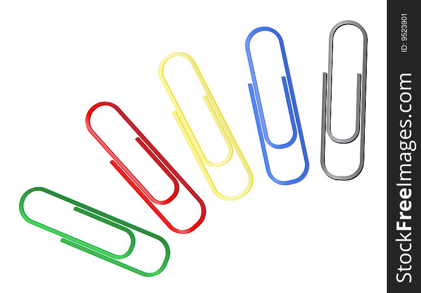 Colorful paperclips on white background