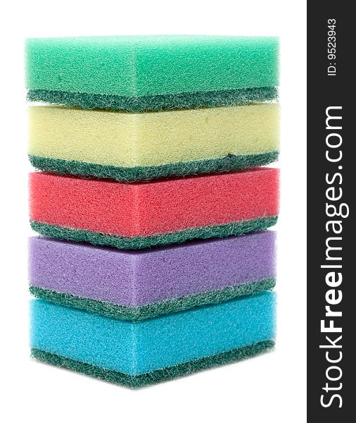 Colour sponges for dishwashing tower on white background. Colour sponges for dishwashing tower on white background