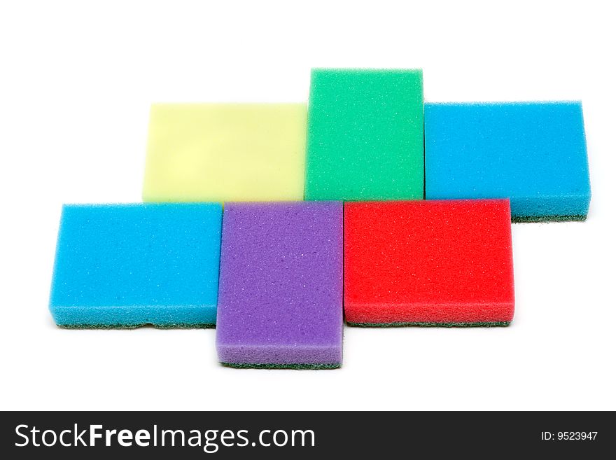 Colour sponges for dishwashing on white background