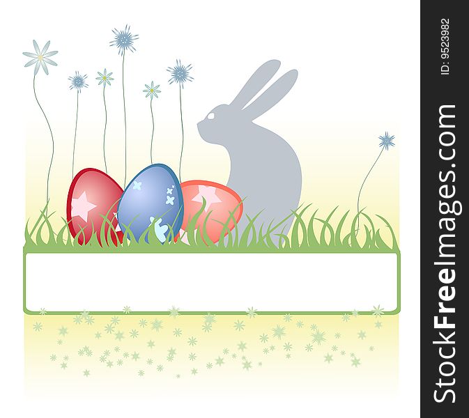 Vector Illustration of Easter background decorated with rabbit, easter eggs and flowers.