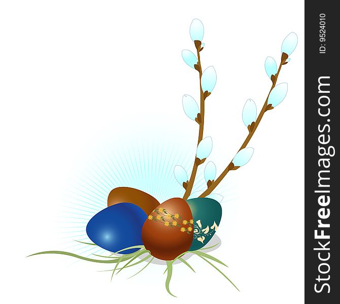 Vector Illustration of Easter Eggs with floral elements and the tree branch.