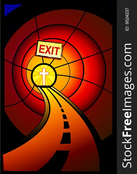 Illustration of a road in a tunnel leading out to a cross. The road has an exit sign above it, to direct the exit from darkness to light. Illustration of a road in a tunnel leading out to a cross. The road has an exit sign above it, to direct the exit from darkness to light.