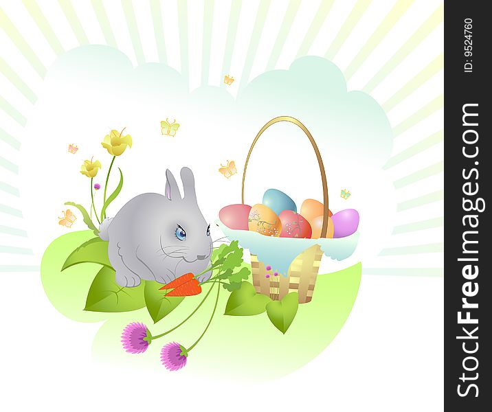 Vector Illustration of Easter background decorated with rabbit, easter eggs and flowers.