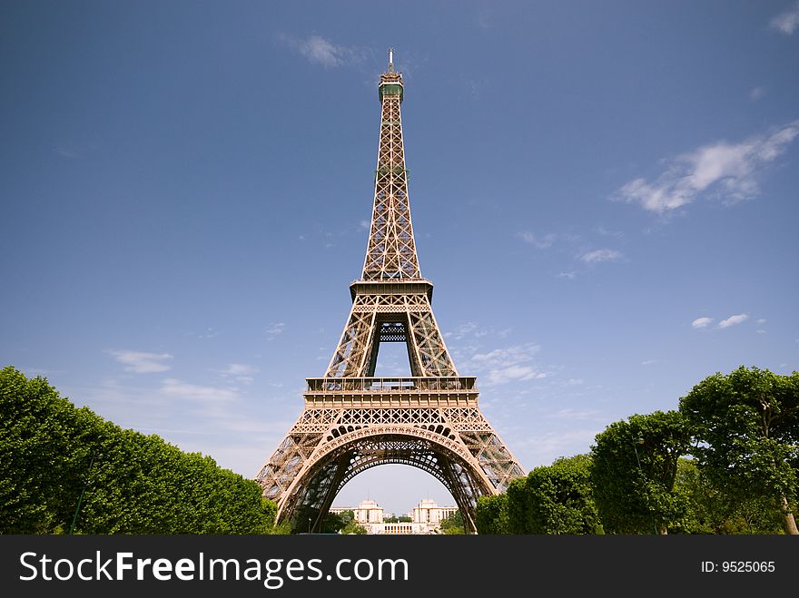 Eiffel Tower, most visited landmark of Paris, is seen here from Champs de Mars, during a nice sunny day. Eiffel Tower, most visited landmark of Paris, is seen here from Champs de Mars, during a nice sunny day.