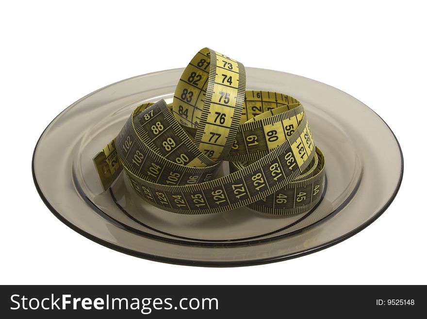 Plate with measuring tape isolated on white
