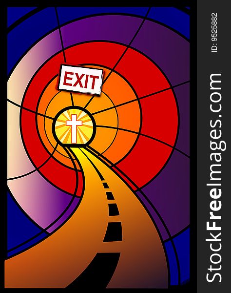 Illustration of a road in a tunnel leading out to a cross. The road has an exit sign above it, to direct the exit from darkness to light. Illustration of a road in a tunnel leading out to a cross. The road has an exit sign above it, to direct the exit from darkness to light.