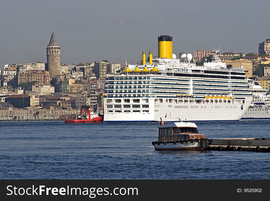 Cruise ship in istanbul harbor (galata tower)