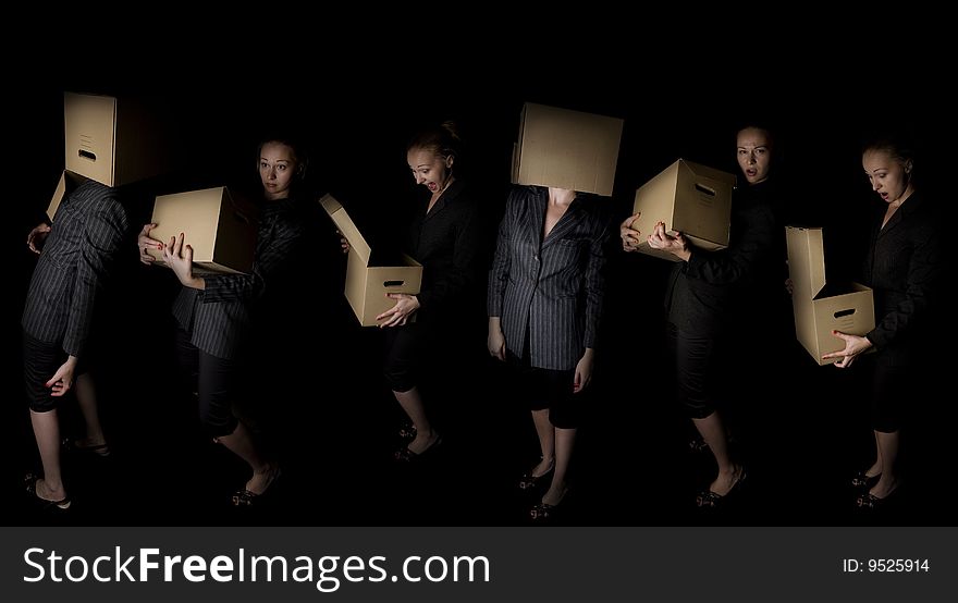 Young frustrated businesswoman with paper box - six poses. Young frustrated businesswoman with paper box - six poses