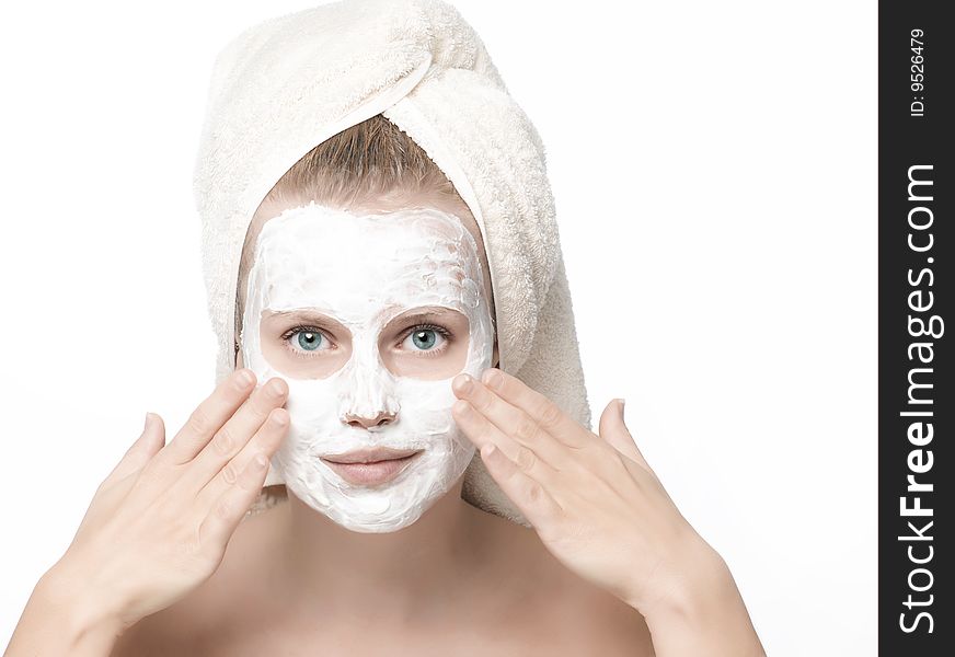 Closeup woman portrait with face mask on white background. Closeup woman portrait with face mask on white background