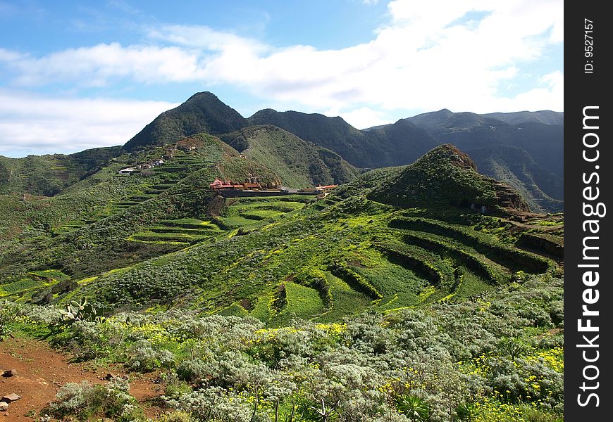 Narrow agricultural terraces in the depths of the remote Anaga Mountains in the north of Tenerife. Narrow agricultural terraces in the depths of the remote Anaga Mountains in the north of Tenerife