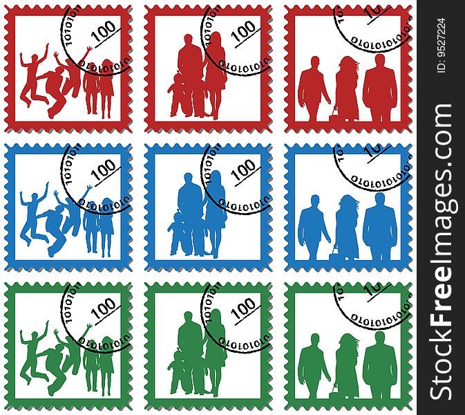 Illustration of postmark, red, blue, green