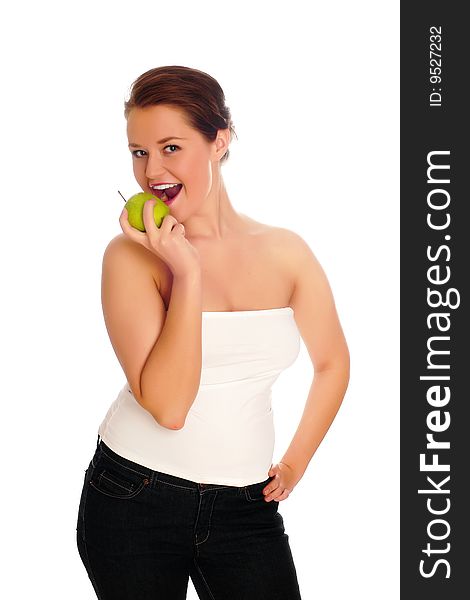 Young woman eating apple and smile over white background