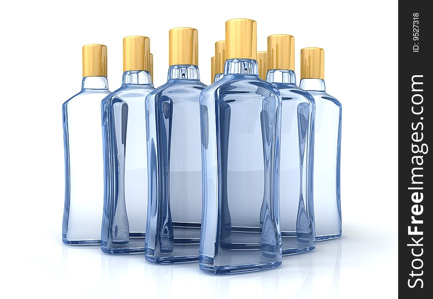 Blue bottles with gold covers isolated on the white. Blue bottles with gold covers isolated on the white