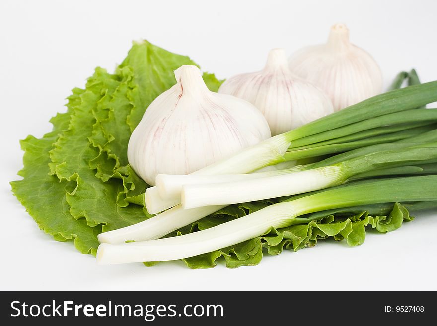 Garlic and spring onions on the green leaves of  lettuce. Garlic and spring onions on the green leaves of  lettuce