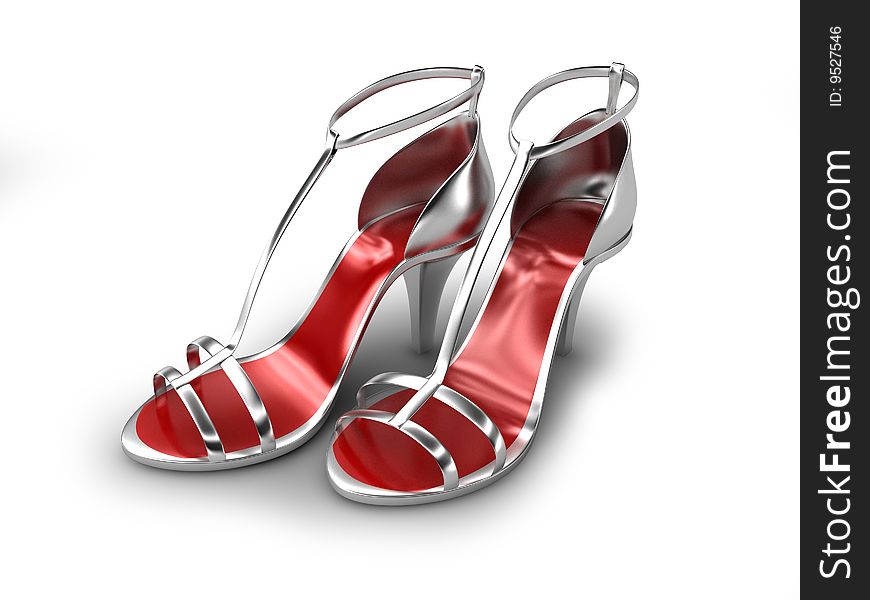 Silver sandals with red insoles isolated on white