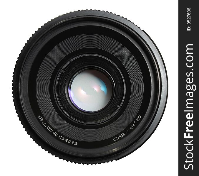 Photo lens in black case isolated on white