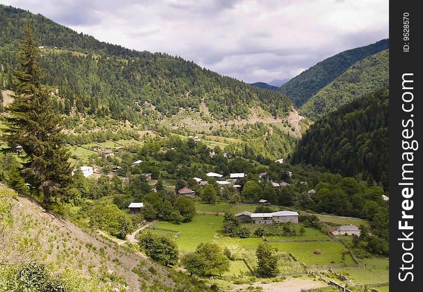 Small village in valley in Swanetia Caucasus region in Georgia