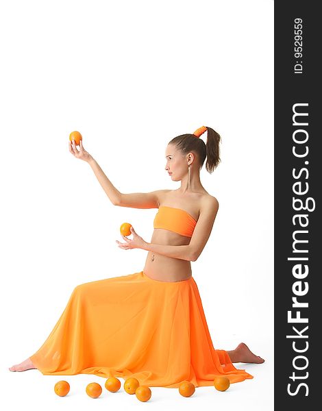 The girl in an orange dress with oranges