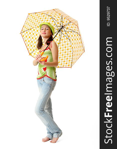 The girl in blue jeans with an umbrella