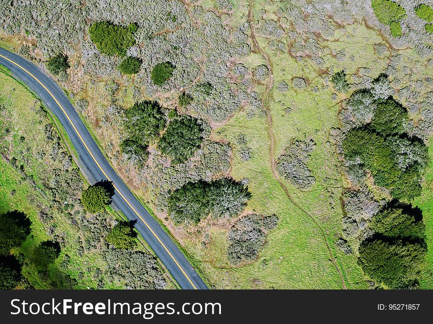 A bird's eye view over a green fields with a road passing through. A bird's eye view over a green fields with a road passing through.