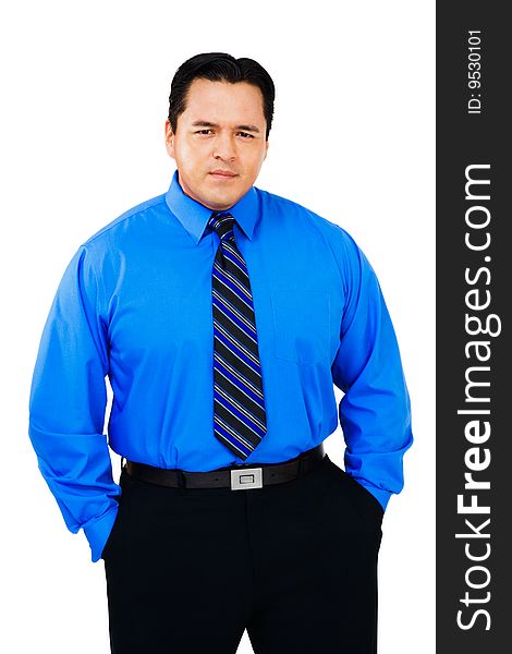 Mid adult businessman standing isolated over white