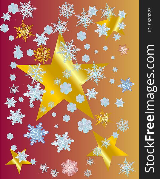 Golden stars being showered by pretty snowflakes. Golden stars being showered by pretty snowflakes..