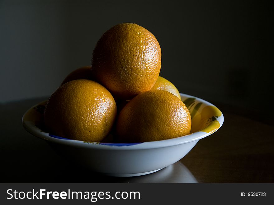 Natural light oranges in a bowl on a table