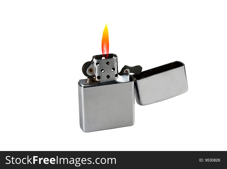 Open flaming lighter isolated on white background