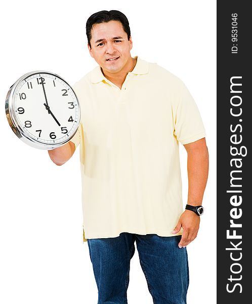 Mid adult man holding a clock isolated over white. Mid adult man holding a clock isolated over white