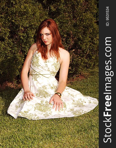 Young red haired girl in a nice summer dress sitting on the grass and
looking in the camera. Young red haired girl in a nice summer dress sitting on the grass and
looking in the camera.