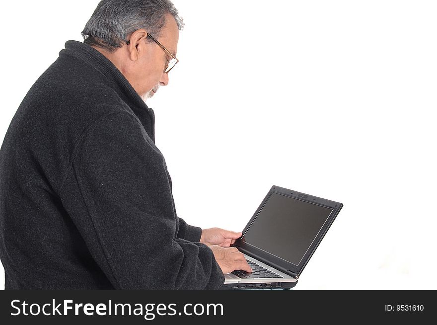 Senior with laptop computer isolated on white background