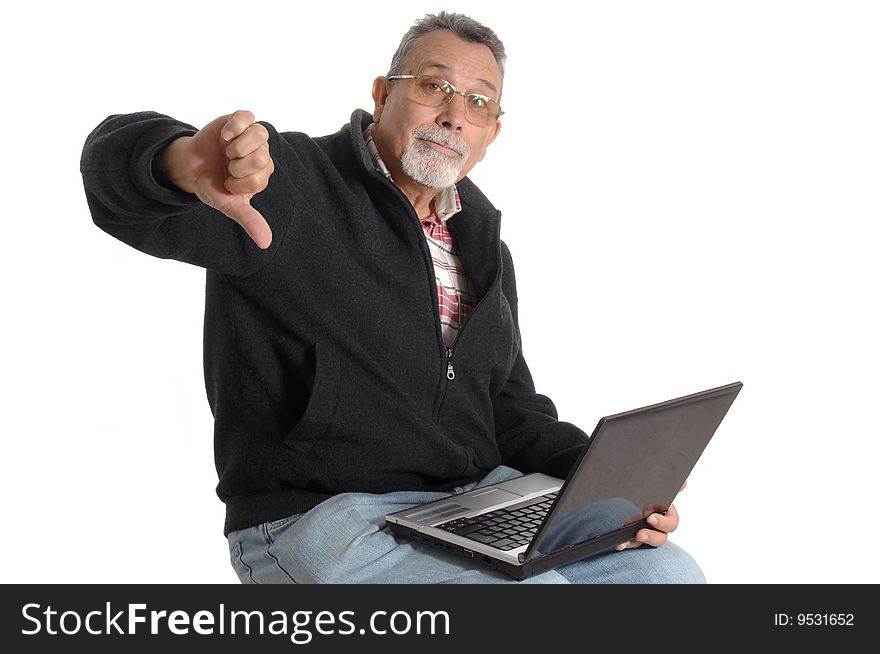Senior with laptop computer isolated on white background