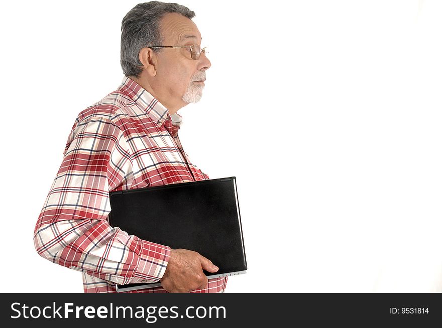 Senior with laptop computer isolated on white background