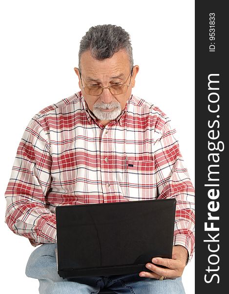 Senior with laptop computer isolated on white background