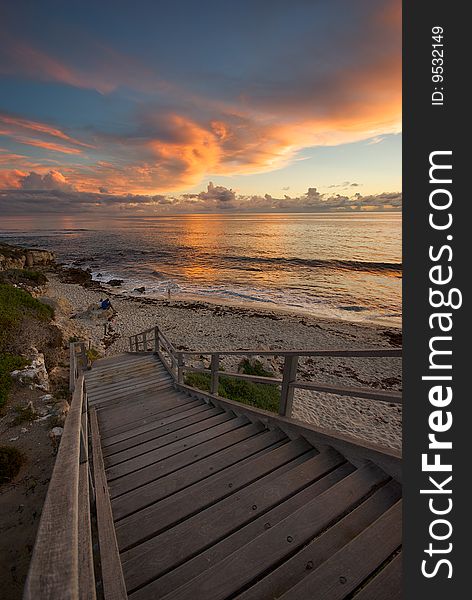 Stairway to the beach at sunset. Stairway to the beach at sunset