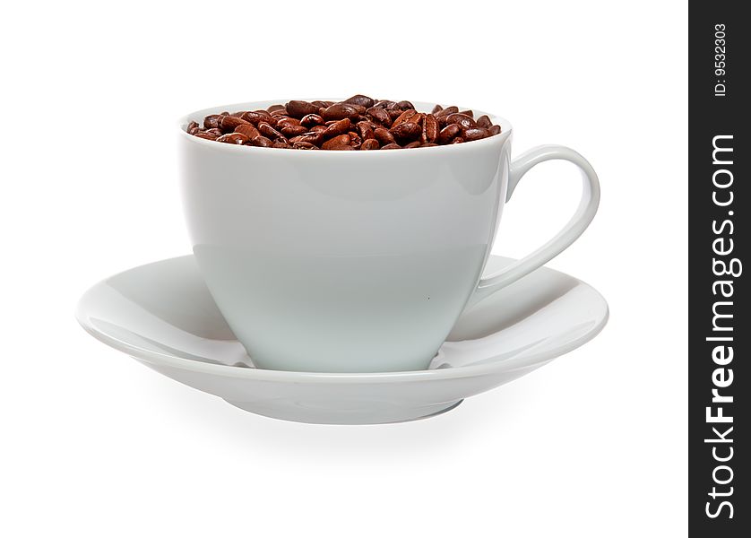Cup of coffee beans isolated over white background