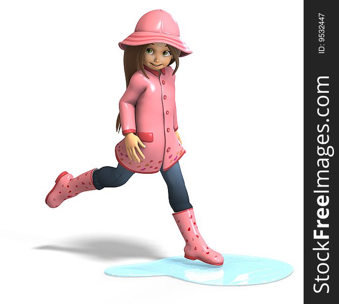 Cute litte toon girl has fun in rain. with clipping path and shadow over white