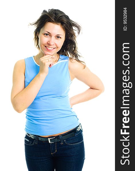 Portrait of a beautiful young thoughtful brunette woman looking at us with a smile. Portrait of a beautiful young thoughtful brunette woman looking at us with a smile